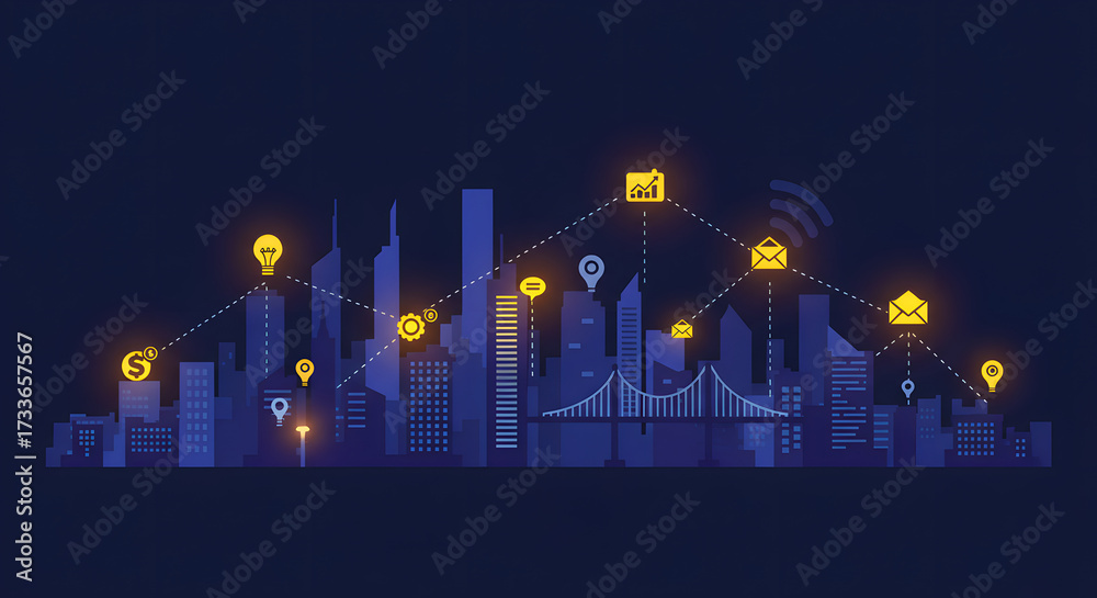 Fototapeta premium Digital skyline illustration depicting smart city technology with connected icons over urban landscape
