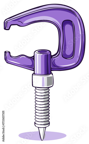 Stylized illustration of a purple C clamp with a pointed screw anchor for securing
