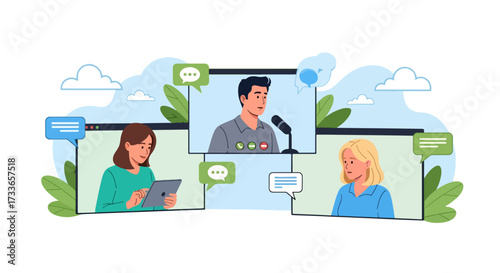 Flat style illustration of people in online video conference with laptops and headsets, representing remote work, digital communication, teamwork, and modern business collaboration