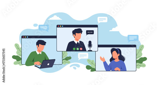Flat style illustration of people in online video conference with laptops and headsets, representing remote work, digital communication, teamwork, and modern business collaboration