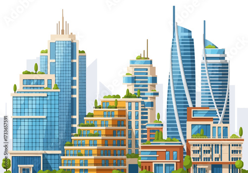 Flat style illustration of modern skyscrapers and eco-friendly office towers with rooftop gardens, symbolizing sustainable architecture, urban development, business, and city infrastructure