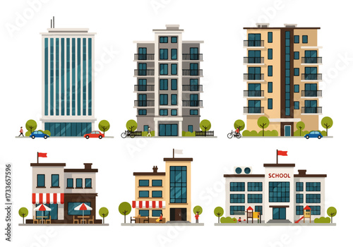 set of Flat style illustration of different urban buildings including office tower, apartments, cafe, and school, representing city lifestyle, education, business, and community infrastructure