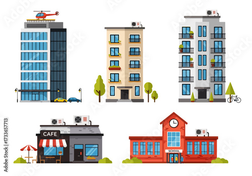 set of Flat style illustration of different urban buildings including office tower, apartments, cafe, and school, representing city lifestyle, education, business, and community infrastructure