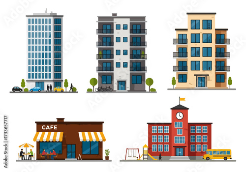 set of Flat style illustration of different urban buildings including office tower, apartments, cafe, and school, representing city lifestyle, education, business, and community infrastructure