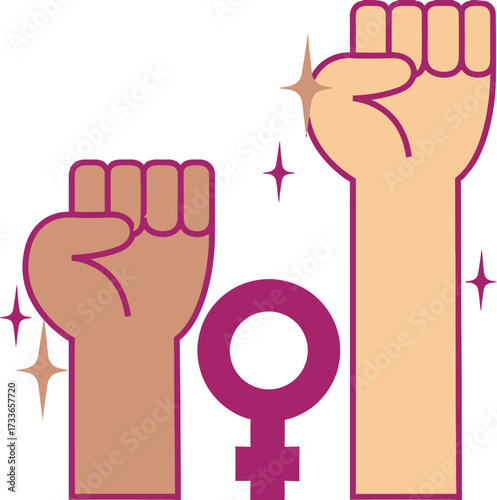 Powerful feminist fists raised high with the iconic Venus symbol symbolizing women's empowerment, equality, and strength, celebrating progress and solidarity in vibrant style