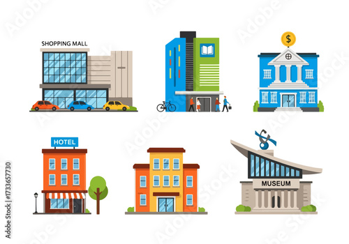 set of Flat style illustration of various urban buildings including shopping mall, apartment, bank, hotel, office, and museum, representing city infrastructure, business, tourism, and public services