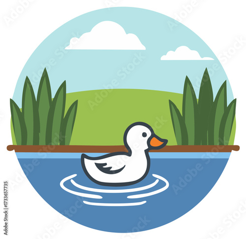 Cute white duck swimming in a calm pond surrounded by green reeds and blue sky