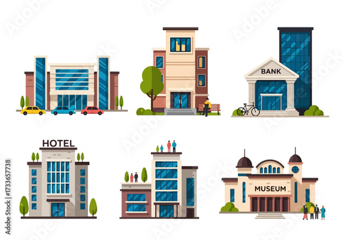 set of Flat style illustration of various urban buildings including shopping mall, apartment, bank, hotel, office, and museum, representing city infrastructure, business, tourism, and public services