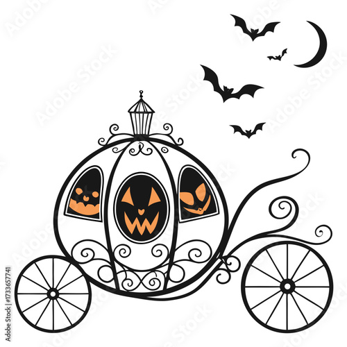 Halloween pumpkin carriage with bats and crescent moon