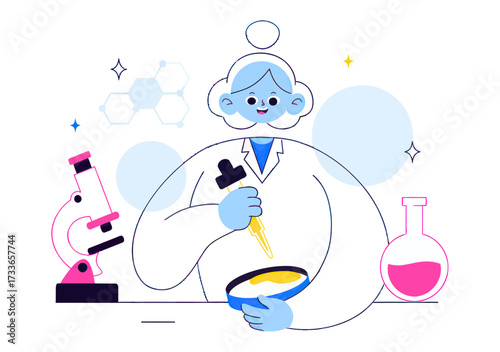 Cheerful scientist conducts experiment with pipette and petri dish surrounded by scientific symbols and lab equipment bringing discovery and innovation to life