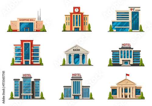set of Flat style illustration of various urban buildings including shopping mall, apartment, bank, hotel, office, and museum, representing city infrastructure, business, tourism, and public services