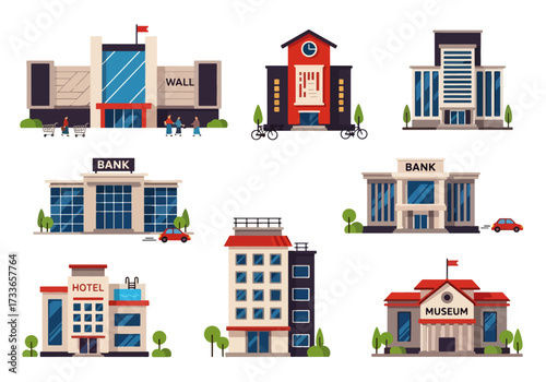 set of Flat style illustration of various urban buildings including shopping mall, apartment, bank, hotel, office, and museum, representing city infrastructure, business, tourism, and public services