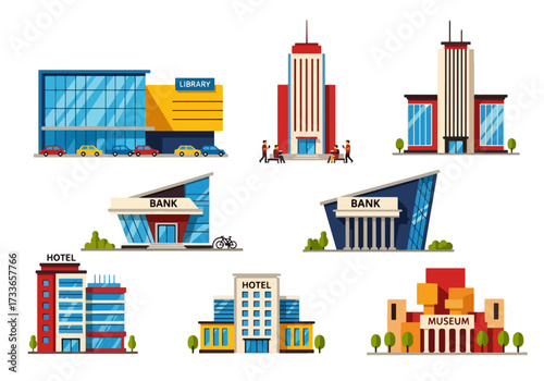 set of Flat style illustration of various urban buildings including shopping mall, apartment, bank, hotel, office, and museum, representing city infrastructure, business, tourism, and public services