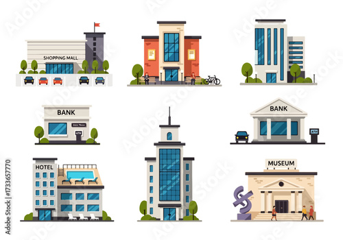 set of Flat style illustration of various urban buildings including shopping mall, apartment, bank, hotel, office, and museum, representing city infrastructure, business, tourism, and public services