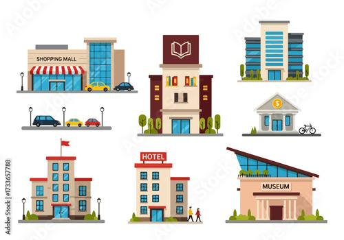 set of Flat style illustration of various urban buildings including shopping mall, apartment, bank, hotel, office, and museum, representing city infrastructure, business, tourism, and public services