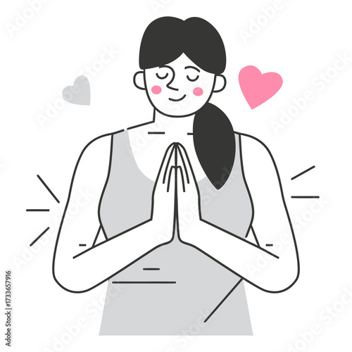 Serene woman with hands pressed together in peaceful prayer, radiating calm and gratitude with subtle heart symbols floating around her, embodying mindfulness and inner peace
