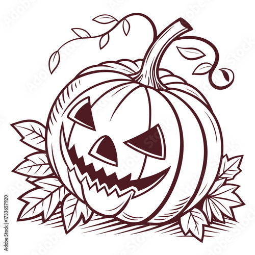 Halloween pumpkin jack o lantern with leaves and vines