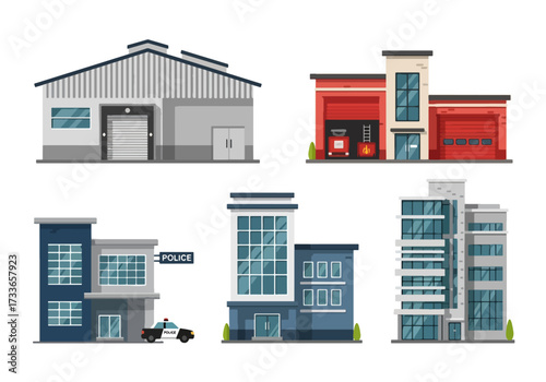 set of Flat style illustration of different public and commercial buildings including offices, warehouse, fire station, police station, and emergency services, representing city infrastructure