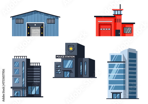 set of Flat style illustration of different public and commercial buildings including offices, warehouse, fire station, police station, and emergency services, representing city infrastructure