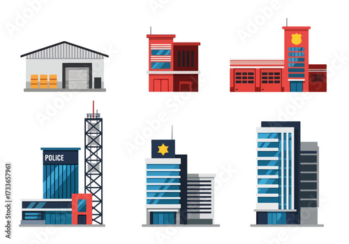 set of Flat style illustration of different public and commercial buildings including offices, warehouse, fire station, police station, and emergency services, representing city infrastructure