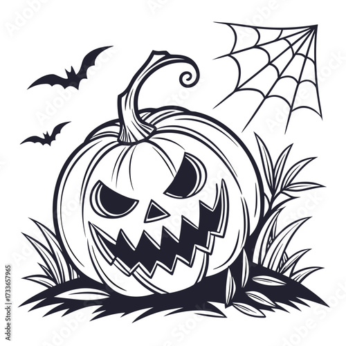 Halloween pumpkin with bats and spiderweb in tall grass