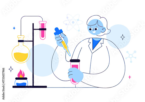 Curious scientist with pipette conducts colorful experiment with bubbling flask, test tubes, and atomic symbols in vibrant laboratory setting