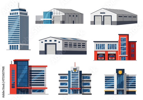 set of Flat style illustration of different public and commercial buildings including offices, warehouse, fire station, police station, and emergency services, representing city infrastructure