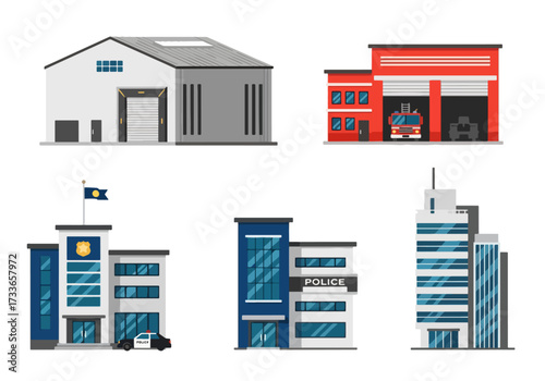 set of Flat style illustration of different public and commercial buildings including offices, warehouse, fire station, police station, and emergency services, representing city infrastructure