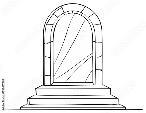 Sketch of stone arch doorway with steps in black and white, vector illustration