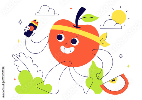 Energetic cartoon apple with headband and water bottle jogging outdoors under sunny sky, promoting healthy lifestyle and fitness fun