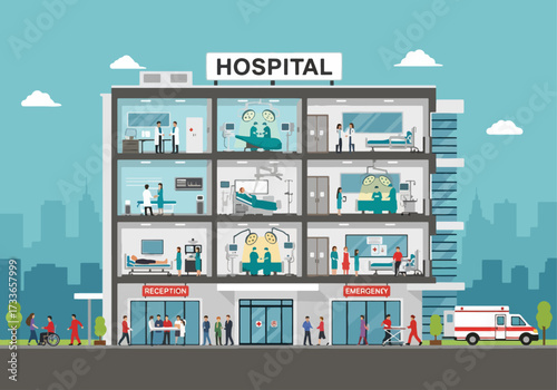 Flat style illustration of a modern hospital building with doctors, patients, surgery rooms, and ambulance service, representing healthcare, medical treatment, emergency care, and wellness support.