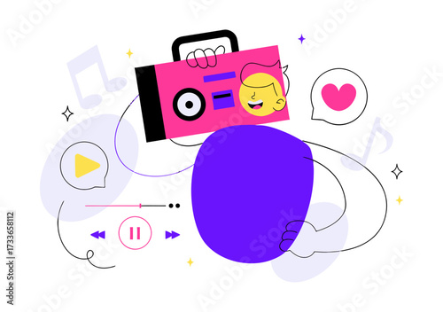 Excited character with retro boombox and vibrant music icons celebrates audio joy, embodying sound and entertainment bliss