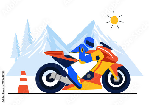Dynamic motorcyclist speeds through vibrant mountain landscape under bright sun capturing thrilling adventure and freedom with colorful abstract style