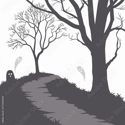 Halloween scene with spooky trees, ghosts, and a winding path
