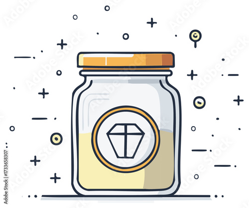 Glass jar with a diamond emblem containing a valuable liquid or potion cartoon vector illustration