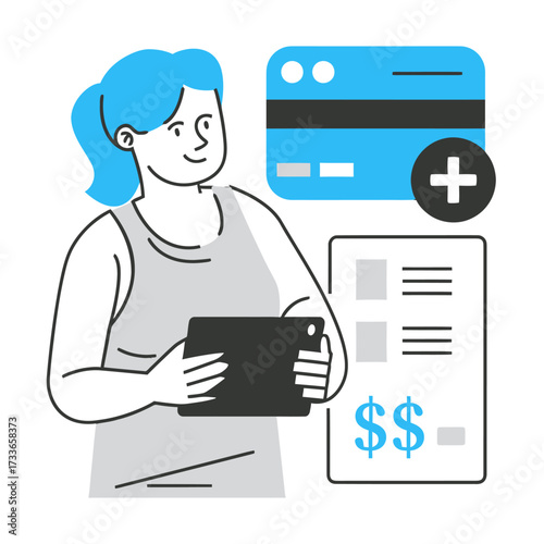 Confident person managing finances on tablet with credit card and bill icons, embracing modern digital payment solutions for seamless transactions and financial control.