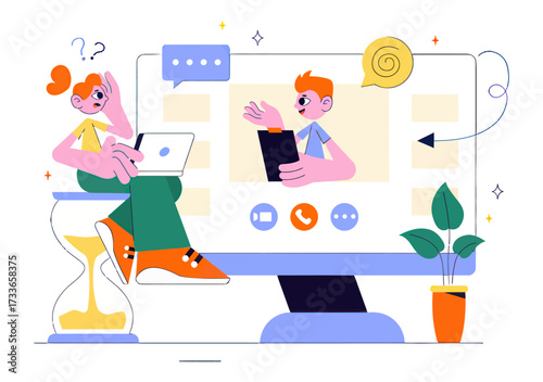 Frustrated woman juggles tasks with laptop and hourglass, while a colleague presents on a video call amidst digital work chaos, symbolizing busy modern life
