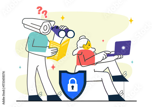 Team collaborating on digital security, analyzing data with binoculars and laptop while a shield icon symbolizes protection and privacy for business growth