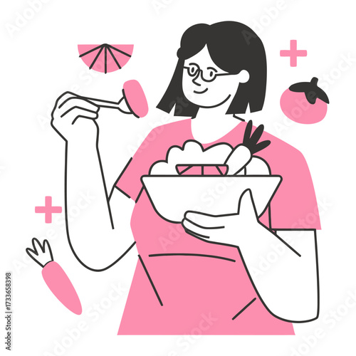 Joyful woman savoring a vibrant fresh salad, embracing healthy eating and wellness with colorful ingredients surrounding her