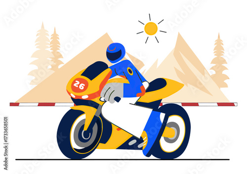 Dynamic motorcycle racer speeds through scenic mountain track on a sunny day, embodying speed, adventure, and the thrill of competition for your next project