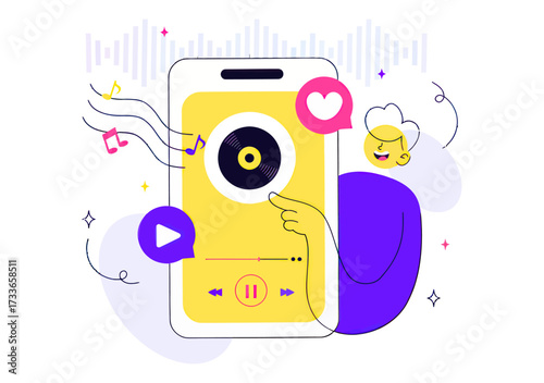 Excited person enjoying vibrant music streaming app on smartphone with playful animations and sound waves creating an energetic auditory experience