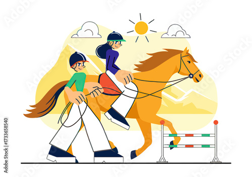 Joyful child learning to ride a horse guided by an instructor, capturing the excitement of equestrian adventure and skill development under a bright sunny sky