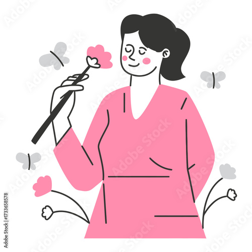 Joyful woman embracing nature's beauty smelling a delicate flower surrounded by whimsical butterflies and blooming flora