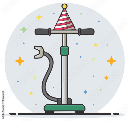 Cartoon illustration of a vacuum cleaner celebrating a birthday with party hat and stars