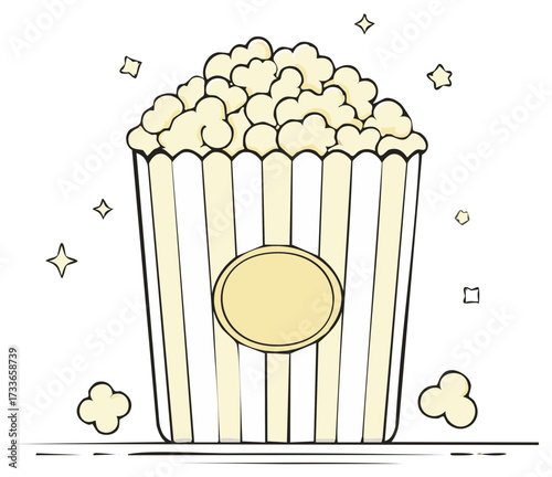 Whimsical illustration of a large popcorn bucket with golden yellow kernels and striped paper container surrounded by sparkling stars.