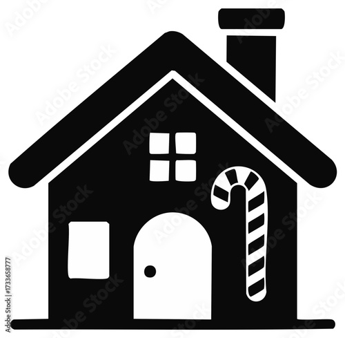 Stylized Black and White Gingerbread House Icon with Candy Cane Decoration