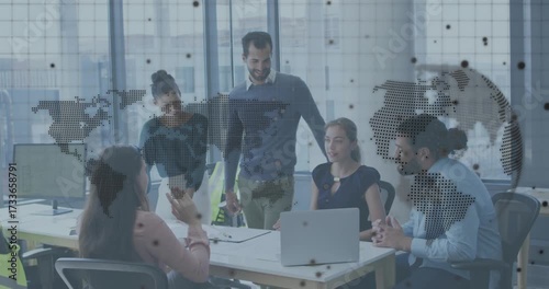 Office team swiping phone revealing report charts and typing insights during meeting