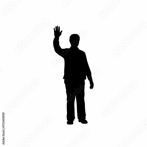 Silhouette of seller waving at fair visitors to come closer isolated on white background