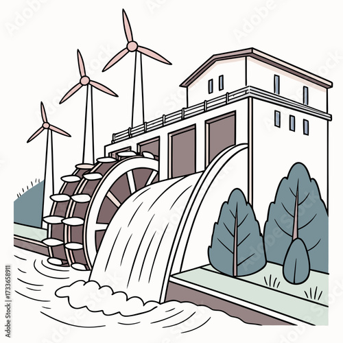 Hydroelectric Power Station with Wind Turbines and Water Wheel