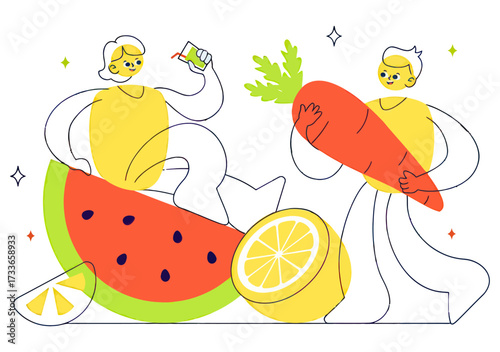 Vibrant cartoon characters joyfully celebrating healthy eating with giant fruits and vegetables, promoting wellness and fresh produce.